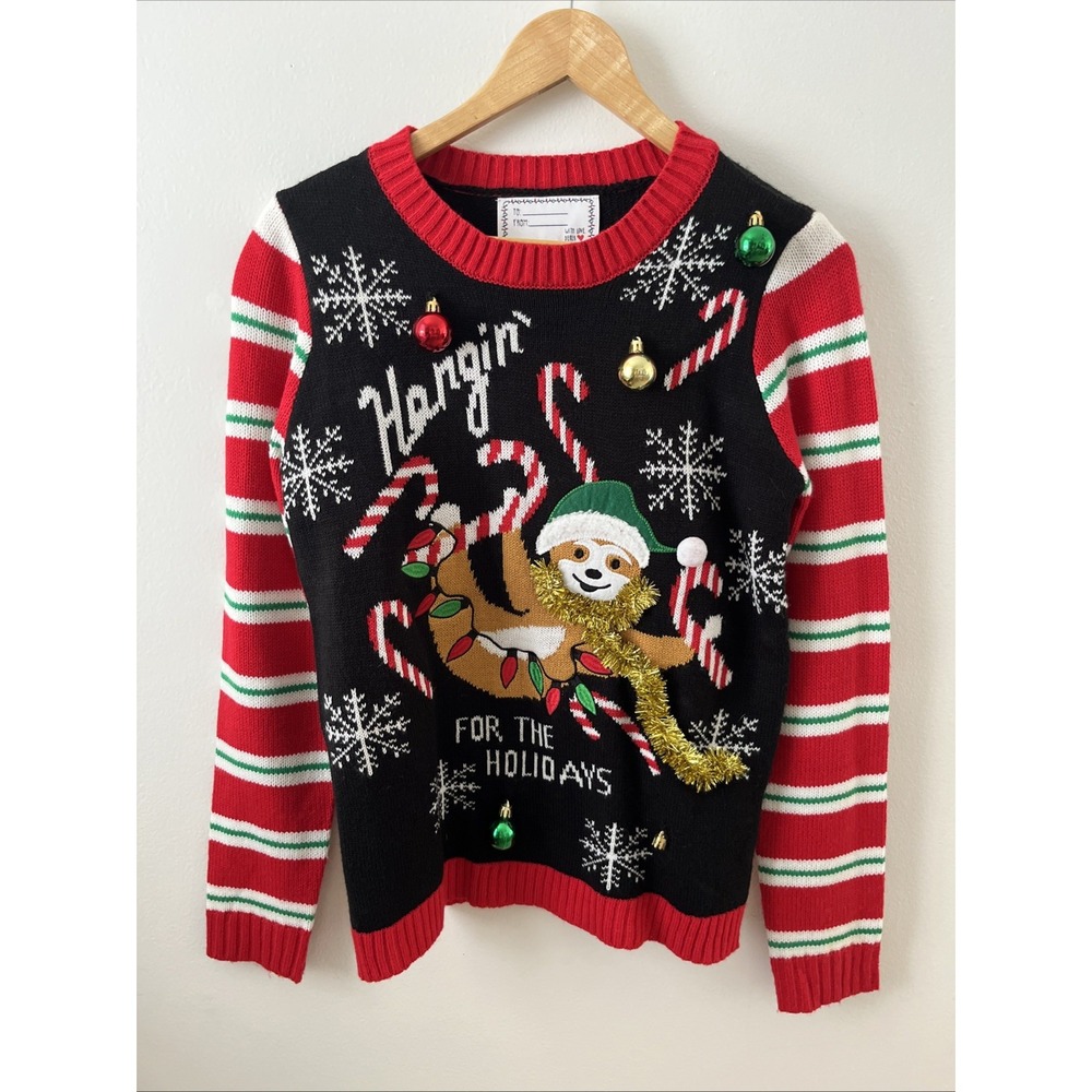 Sloth Ugly Christmas‎ Sweater Black/Red/Green Size M Hanging For The Holidays